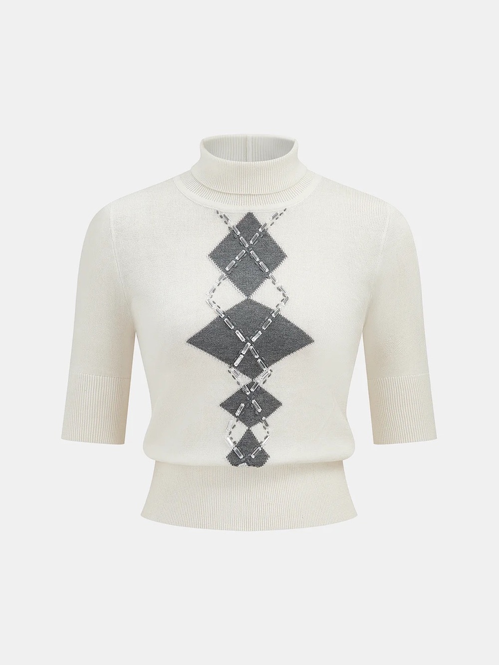 Embellished Argyle Wool-Blend Turtleneck Sweater